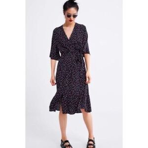 ZARA Dress Size XS Polka Dot Tie Wrap Midi Chic Black Red White V-Neck Ruffle